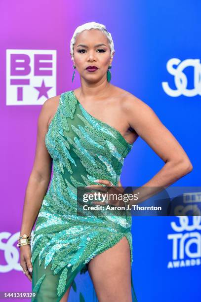 LeToya Luckett arrives to the 2022 Soul Train Music Awards at the Orleans Arena on November 13, 2022 in Las Vegas, Nevada.