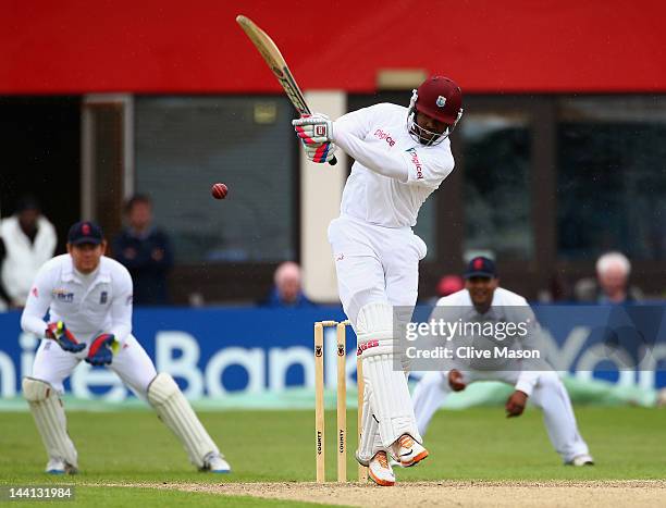 Darren Bravo of West Indies in action batting during day one of the tour match between England Lions and West Indies at The County Ground on May 10,...