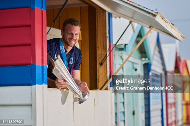 In this handout provided by the International Cricket Council, Jos Buttler the captain of England poses with the T20 World Cup Trophy after England...