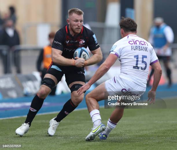 Jackson Wray of Saracens takes on George Furbank of Northampton Saints during the Gallagher Premiership Rugby match between Saracens and Northampton...