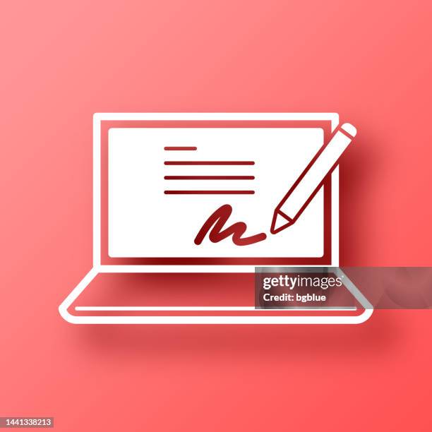 electronic signature on laptop. icon on red background with shadow - electronic signature stock illustrations