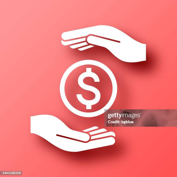 dollar coin between hands. icon on red background with shadow - space in between stock illustrations