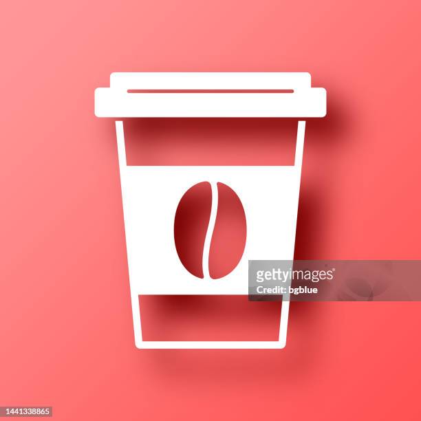 disposable cup of coffee. icon on red background with shadow - coffee take away cup simple stock illustrations