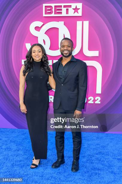 Debi Ogunrinde and a guest arrives to the 2022 Soul Train Music Awards at the Orleans Arena on November 13, 2022 in Las Vegas, Nevada.