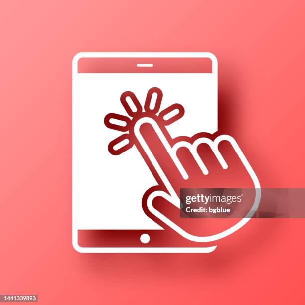 touch tablet pc with hand. icon on red background with shadow - finger tapping screen stock illustrations