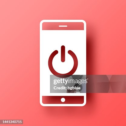 Smartphone with power button. Icon on Red background with shadow Smartphone with power button. Icon on Red background with shadow