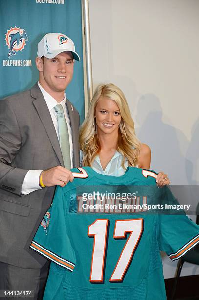 Ryan Tannehill and his wife Lauren Tannehill pose at a press conference at the Miami Dolphins training facility on April 28, 2012 in Davie, Florida....