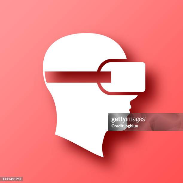head with vr virtual reality headset. icon on red background with shadow - augmented reality goggles stock illustrations