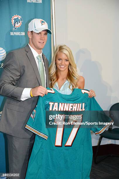 Ryan Tannehill and his wife Lauren Tannehill pose at a press conference at the Miami Dolphins training facility on April 28, 2012 in Davie, Florida....