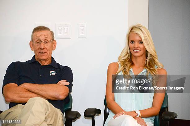 Chairman of the Board/Managing General Partner Stephen M. Ross of the Miami Dolphins and Lauren Tannehill look on as Ryan Tannehill is introduced at...