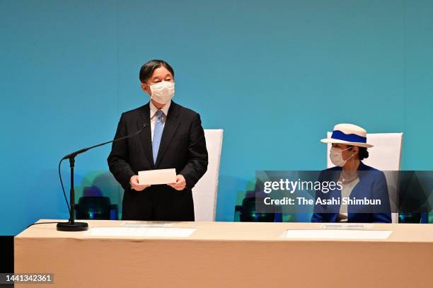 Emperor Naruhito addresses while Empress Masako listens during the Yutakana-Umizukuri-Taikai, or meeting on fertilizing the sea on November 13, 2022...