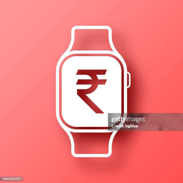 smartwatch with indian rupee sign. icon on red background with shadow - r vector stock illustrations
