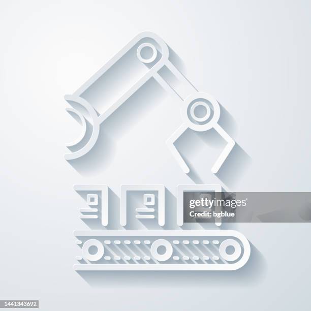 robotic arm on production line. icon with paper cut effect on blank background - robotic process automation stock illustrations