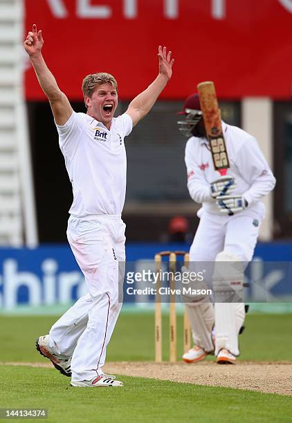 Stuart Meaker of England Lions appeals unsuccesfully for the wicket of Shane Shillingford of West Indies during day one of the tour match between...