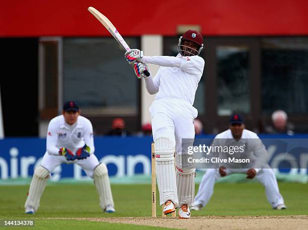 Darren Bravo of West Indies in action batting during day one of the tour match between England Lions and West Indies at The County Ground on May 10,...