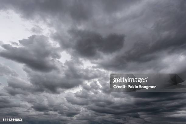 full frame of a low angle shot of a gray sky with clouds of rain. - storm cloud photos et images de collection
