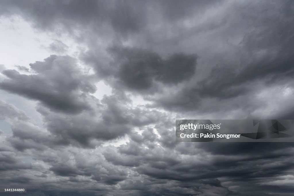 Full frame of a low angle shot of a gray sky with clouds of rain.