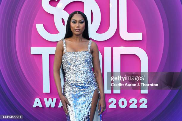 Muni Love arrives to the 2022 Soul Train Music Awards at the Orleans Arena on November 13, 2022 in Las Vegas, Nevada.