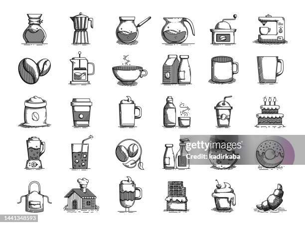 coffee hand drawn vector doodle line icon set - using coffee machine stock illustrations