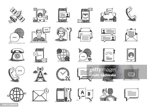 communication hand drawn vector doodle line icon set - facebook post stock illustrations