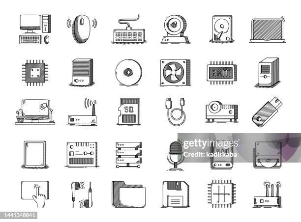 computer technology hand drawn vector doodle line icon set - computer line drawing stock illustrations