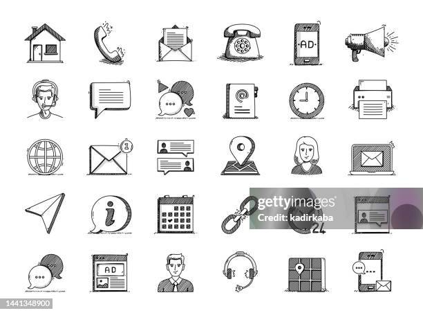 contact us hand drawn vector doodle line icon set - chain icon editable stock illustrations