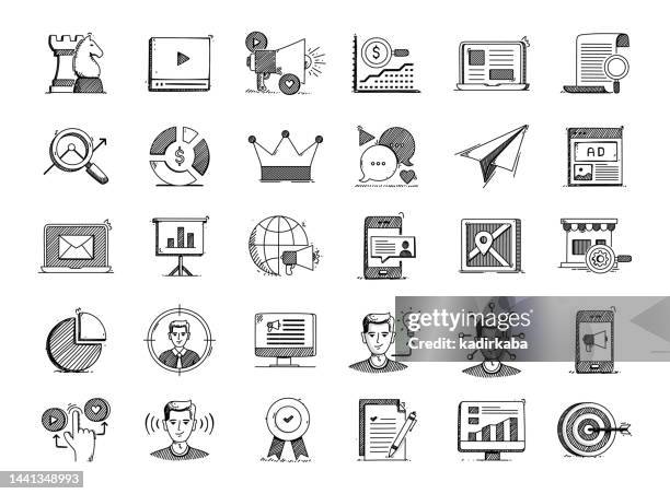 content marketing handgezeichnete vektor doodle line icon set - interactivity stock-grafiken, -clipart, -cartoons und -symbole