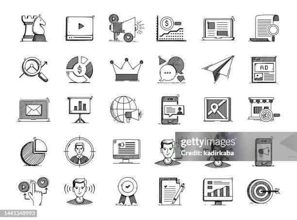 content marketing hand drawn vector doodle line icon set - targeted content icon stock illustrations