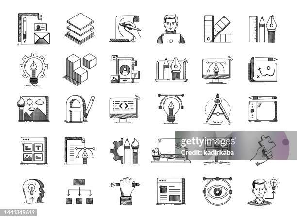 creative process hand drawn vector doodle line icon set - web designer logo stock illustrations