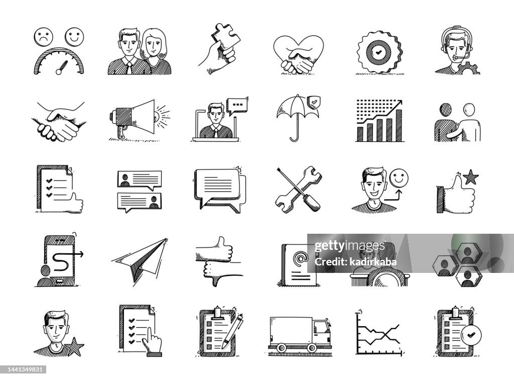 Relacionamento com o cliente Desenhado à mão vetor Doodle Line Icon Set