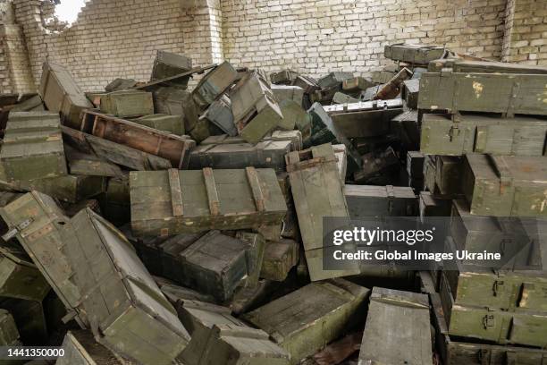 Crates of Russian ammunition stacked in the liberated village on November 11, 2022 in Blahodatne, Ukraine. Freed Blahodatne is 30 kilometers from...