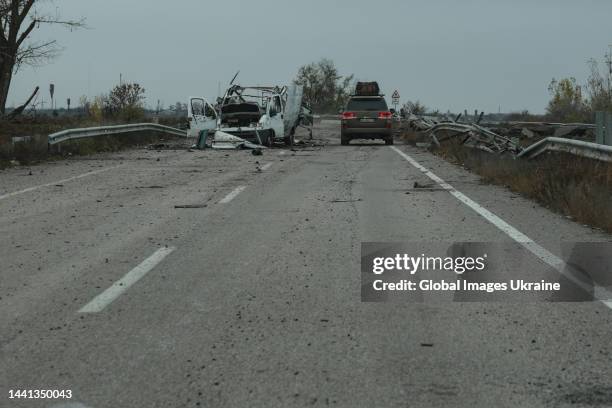 Wreckage of a vehicle destroyed due to hostilities lies on a road on November 11, 2022 in Blahodatne, Ukraine. Freed Blahodatne is 30 kilometers from...