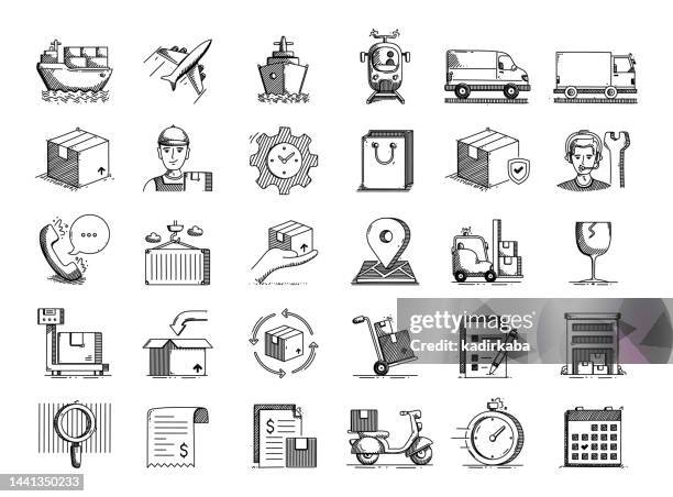 ilustrações, clipart, desenhos animados e ícones de elementos de entrega conjunto de ícones de linha de rabiscos de vetor desenhados à mão - aviso de frágil