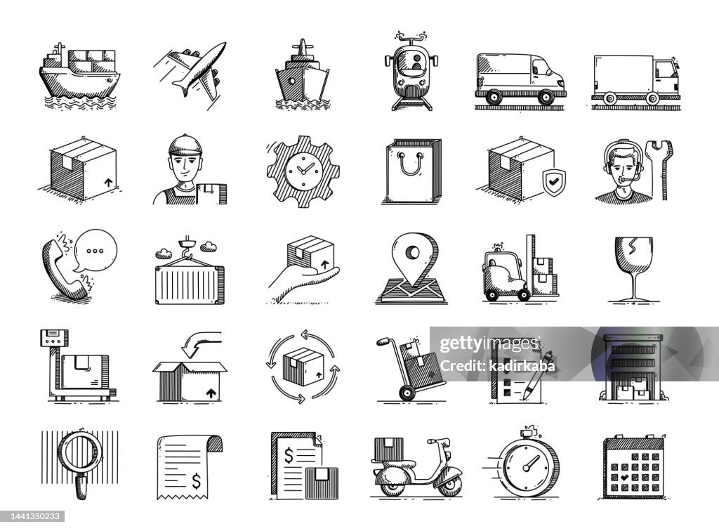 Delivery Elements Hand Drawn Vector Doodle Line Icon Set