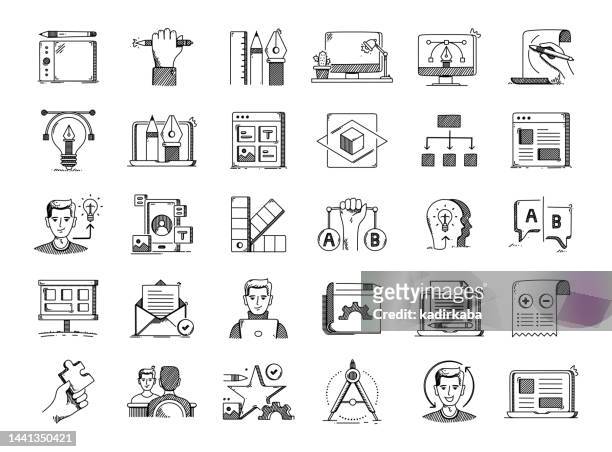 ilustraciones, imágenes clip art, dibujos animados e iconos de stock de design thinking hand drawn vector doodle line icon set - storyboard