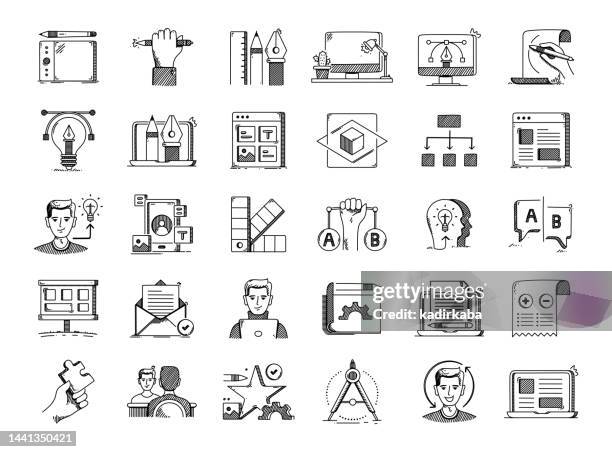 design thinking hand drawn vector doodle line icon set - storyboard illustration stock illustrations