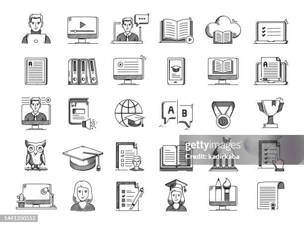 e-learning hand drawn vector doodle line icon set - astronomy book stock illustrations