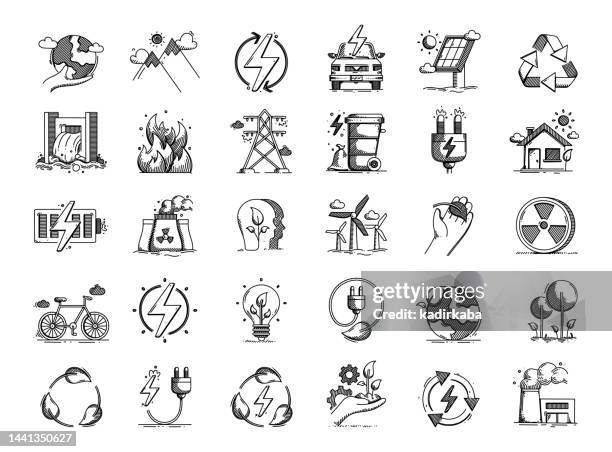 ecology and energy hand drawn vector doodle line icon set" - car sketch stock illustrations