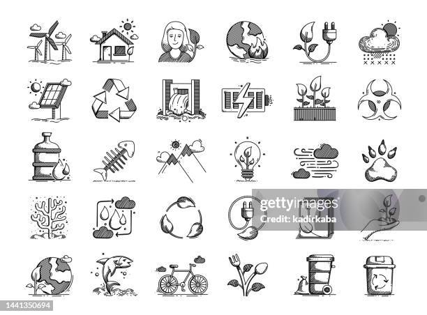 illustrations, cliparts, dessins animés et icônes de ecology hand drawn vector doodle line icon set - ampoule dessin