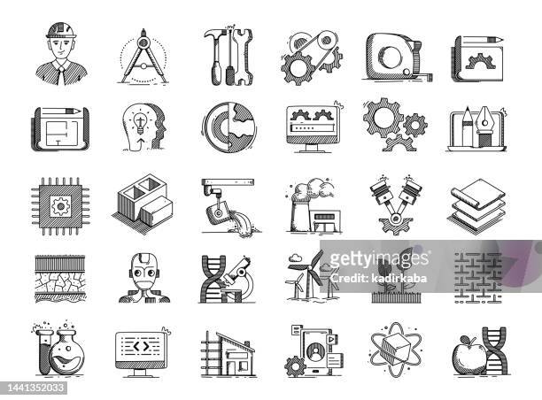 engineering hand drawn vector doodle line icon set - geology tools stock illustrations