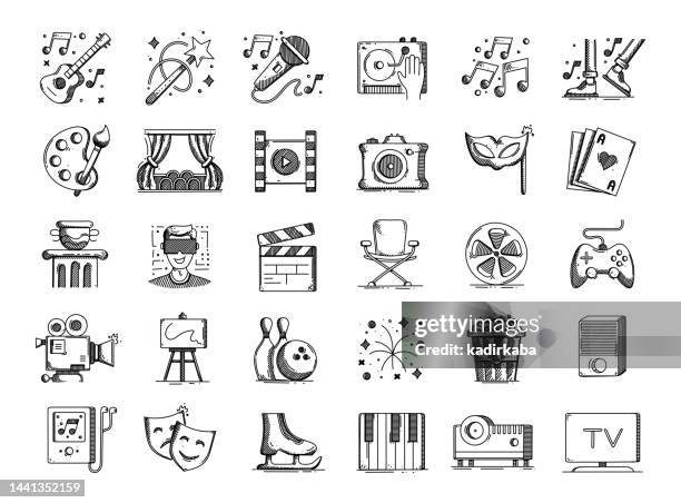 unterhaltung handgezeichnete vektor doodle line icon set - theatermaske stock-grafiken, -clipart, -cartoons und -symbole