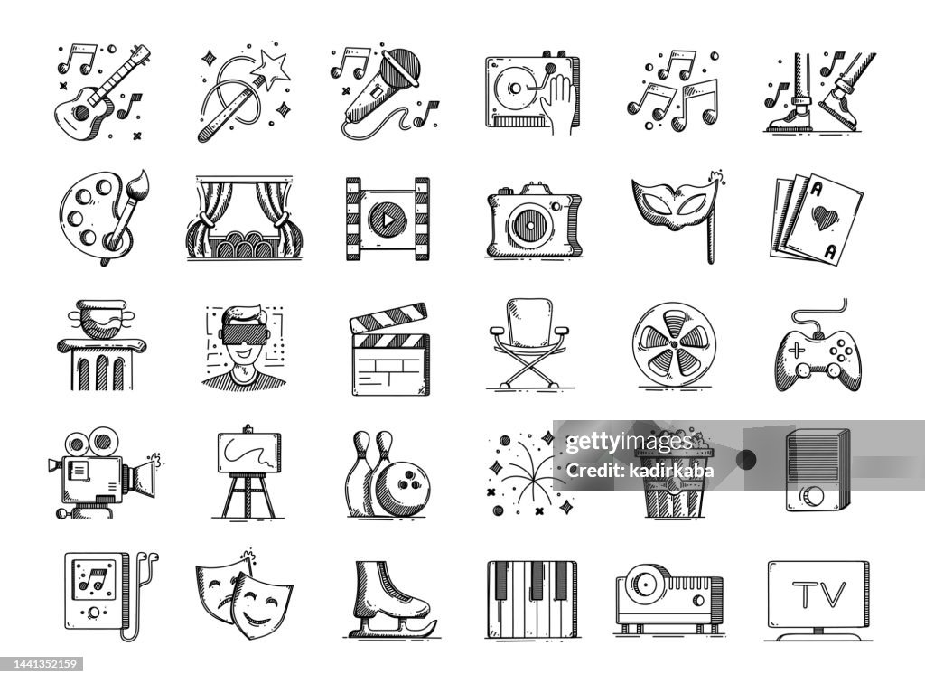 Entertainment Hand Drawn Vector Doodle Line Icon Set