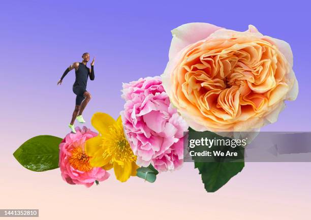 man running with flowers - athlete montage stock pictures, royalty-free photos & images