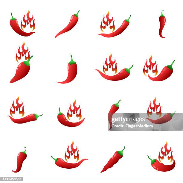 fresh red hot chili pepper set - spice stock illustrations