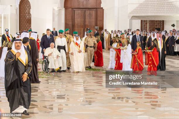 Welcome Ceremony and meeting with King of Bahrain Hamad bin Isa Al Khalifa during Pope Francis's visit to Bahrain at the Sakhir Royal Palace on...