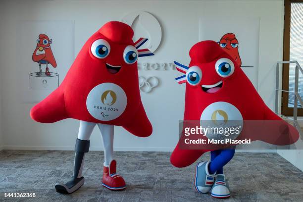 The Phryges, modelled on phrygian caps, are unveiled as the mascots for the Paris 2024 Summer Olympic and Paralympic Games on November 10, 2022 in...