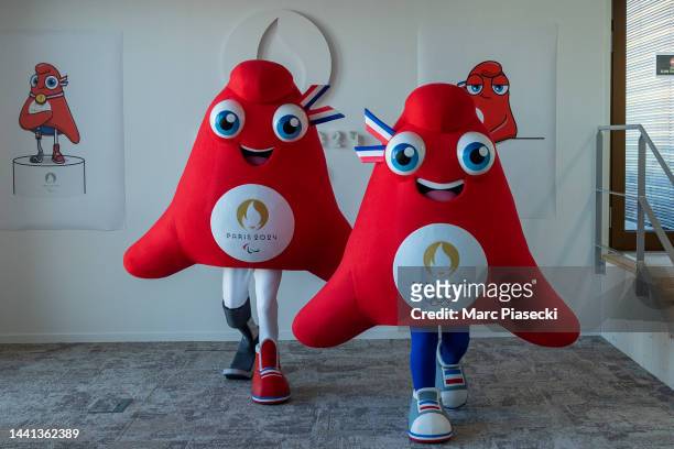 The Phryges, modelled on phrygian caps, are unveiled as the mascots for the Paris 2024 Summer Olympic and Paralympic Games on November 10, 2022 in...