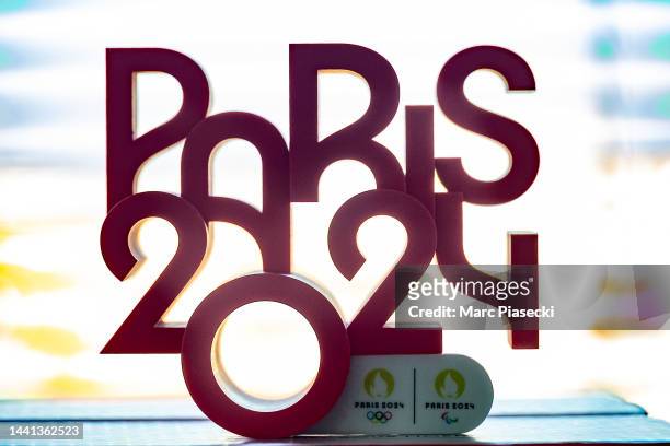 Close-up at the PARIS 2024 logo for the Paris 2024 Summer Olympic and Paralympic Games on November 10, 2022 in Paris, France.