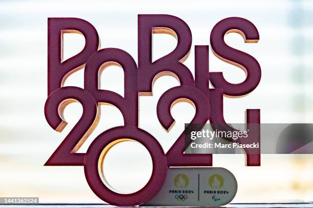 Close-up at the PARIS 2024 logo for the Paris 2024 Summer Olympic and Paralympic Games on November 10, 2022 in Paris, France.