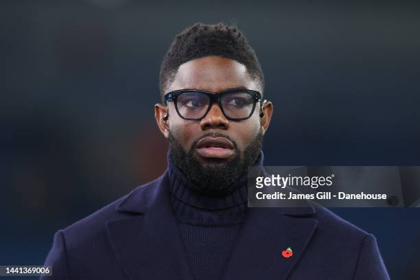 Pundit Micah Richards reacts during the Carabao Cup Third Round match between Manchester City and Chelsea at Etihad Stadium on November 09, 2022 in...